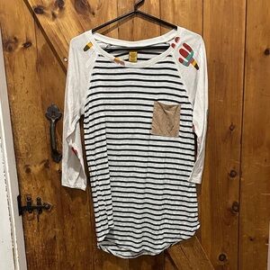 Wrangler boho western Striped Long Sleeve Tee with Tan suede Pocket Cactus